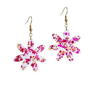 Flower Glitter‎ Drop Earrings Dangle Sparkle Purple Gold Clear Acrylic